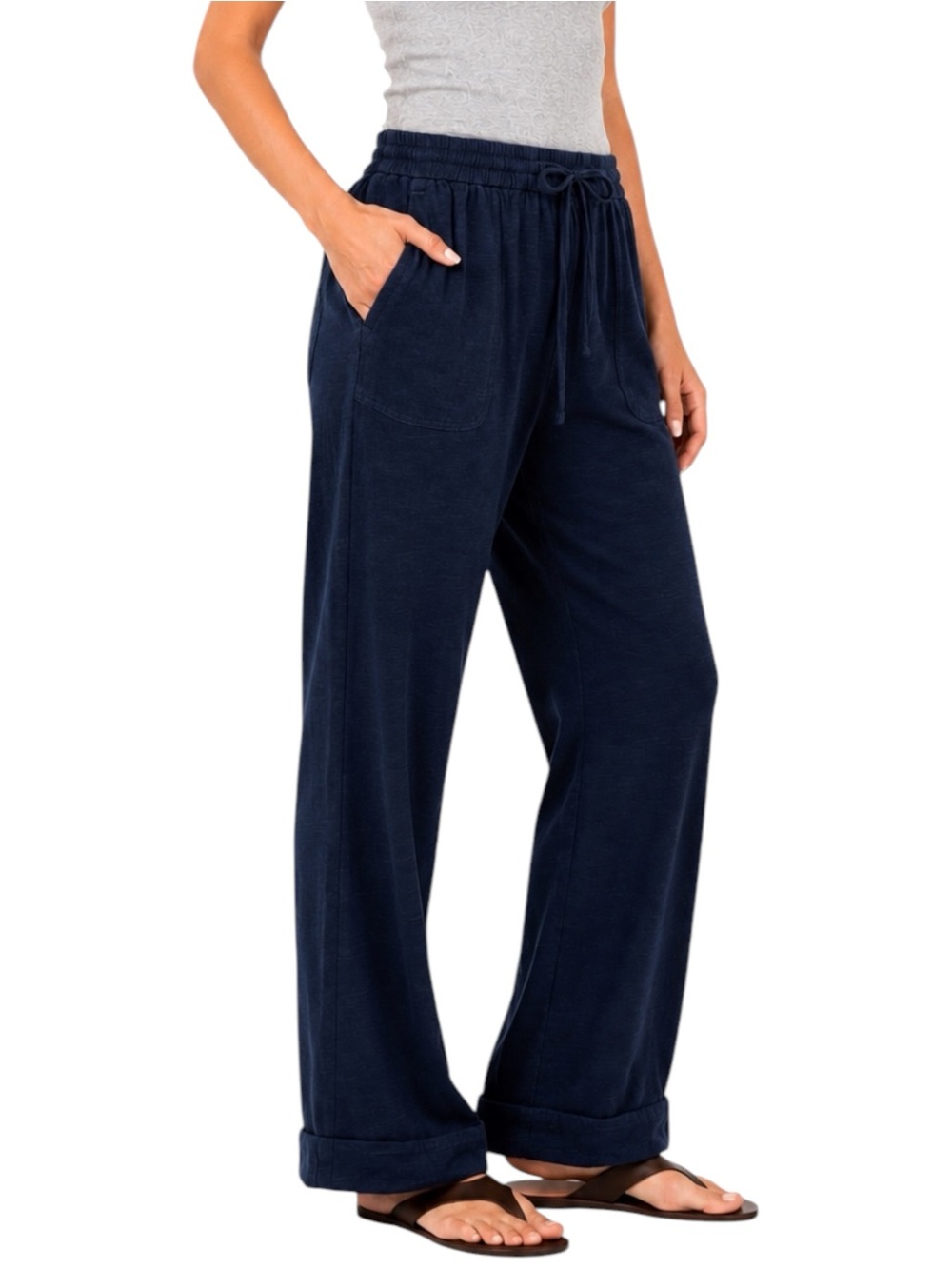 BANANA REPUBLIC High Rise Linen Blend Pull On Navy Blue Pant Medium - Picture 2 of 12